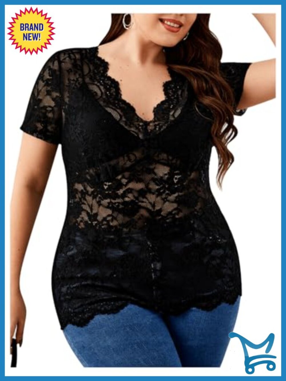 Plus Size V-Neck Floral Lace Blouse Short Sleeve Sheer Mesh Top